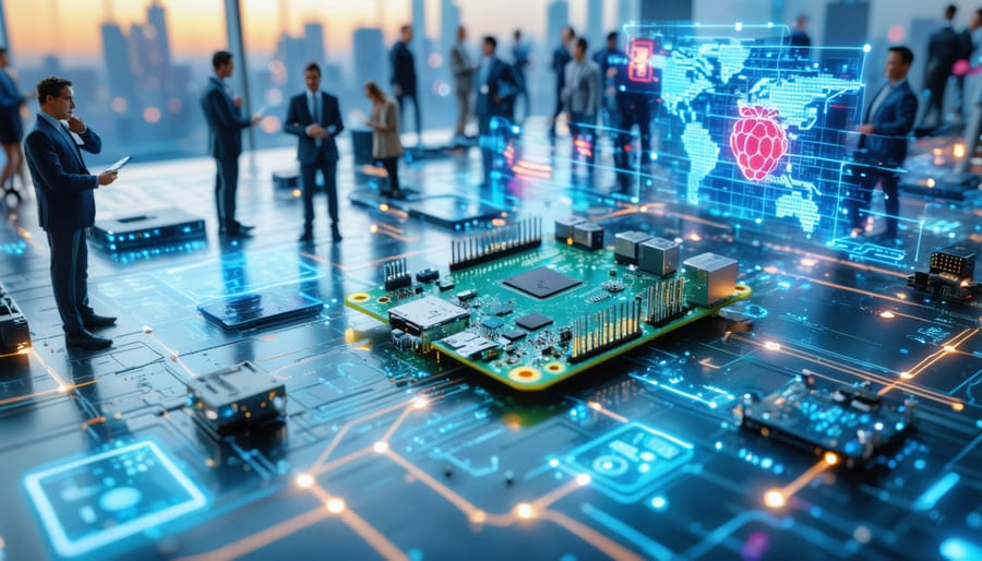 Conceptual illustration of a Raspberry Pi central hub powering an interconnected digital enterprise landscape with data flow and smart devices, set against an abstract high-tech city backdrop.