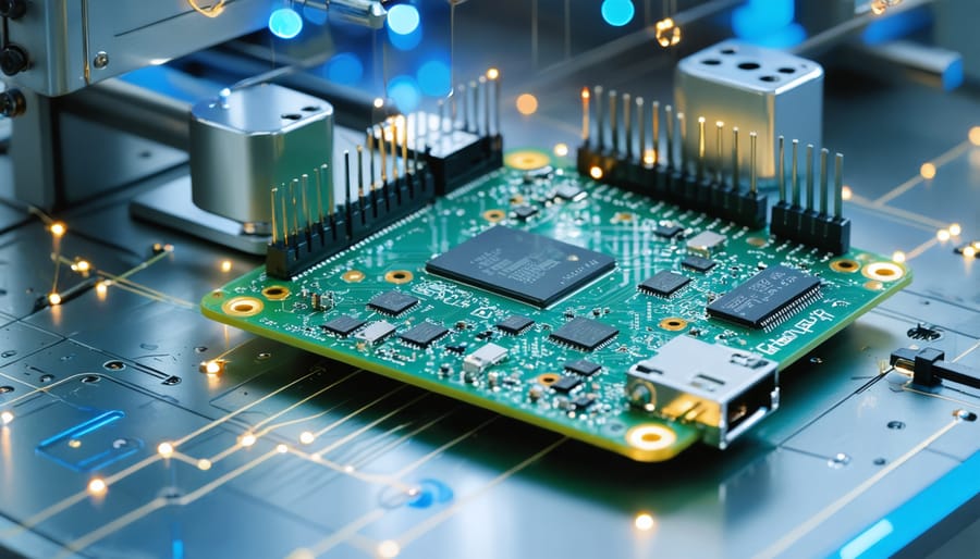 Conceptual illustration of Raspberry Pi integrated into an industrial automation setup, showcasing sensors, assembly lines, and digital network connections.