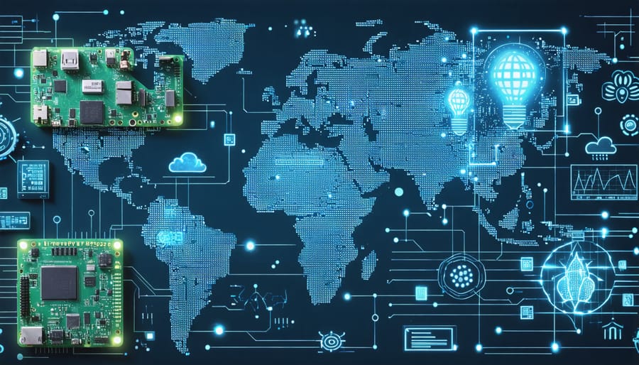 A collage of Raspberry Pi-powered innovations, featuring smart greenhouse systems, patient monitoring devices, and medical diagnostic tools, symbolizing global technological advancements and creativity.