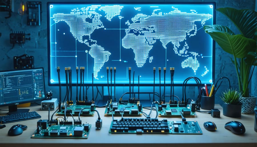 A futuristic workspace setup featuring several Raspberry Pi boards interconnected with network cables, symbolizing a home-built Kubernetes cluster for cloud-ready computing.