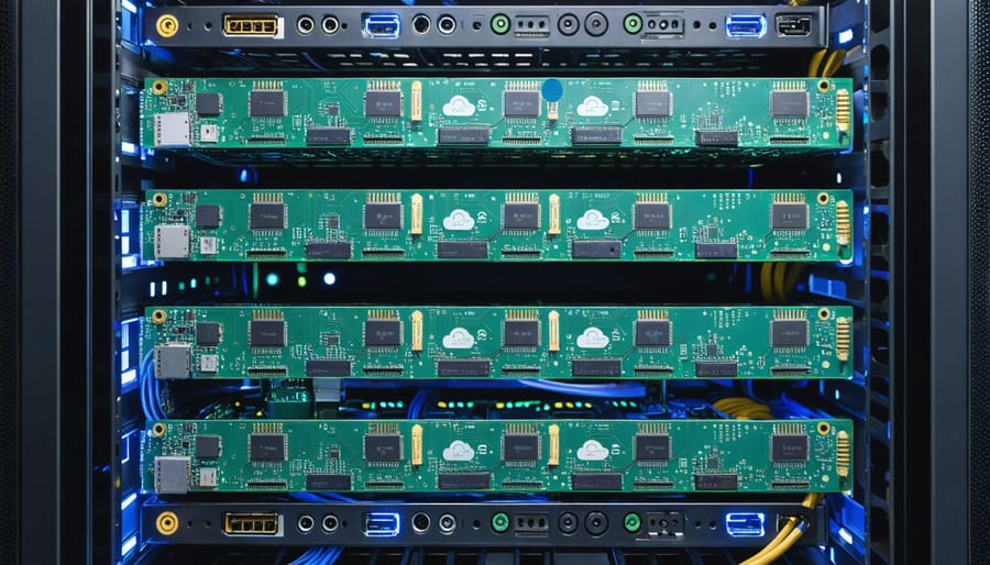 A cohesive setup of Raspberry Pi boards arranged in a custom rack with networking cables, representing a DIY mini data center solution.