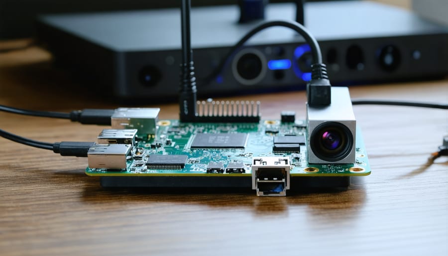 Raspberry Pi 4 setup with heatsinks, fan, and camera module for machine learning applications