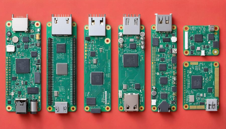 Different models of Raspberry Pi computers showing ports, processors, and form factors