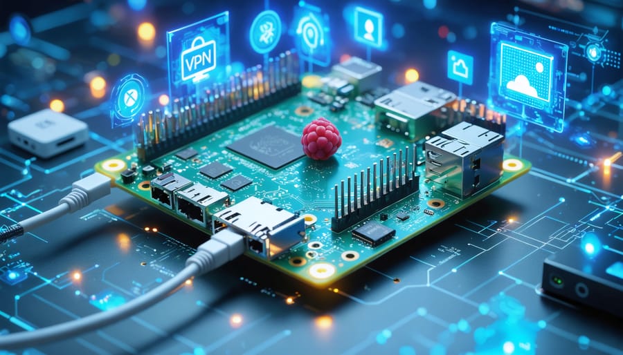 Visualization of a Raspberry Pi evolving into a multifunctional network hub with holographic icons for VPN, media streaming, ad-blocking, and monitoring, emphasizing its innovative capabilities.