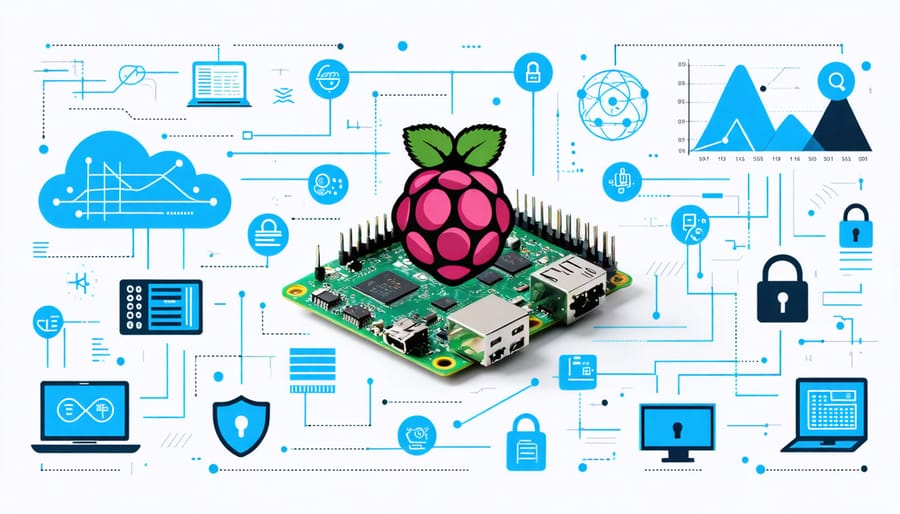 Conceptual image of a Raspberry Pi transformed into a home network security command center, surrounded by elements like digital networks, data streams, and security symbols like locks and shields against a technological background.