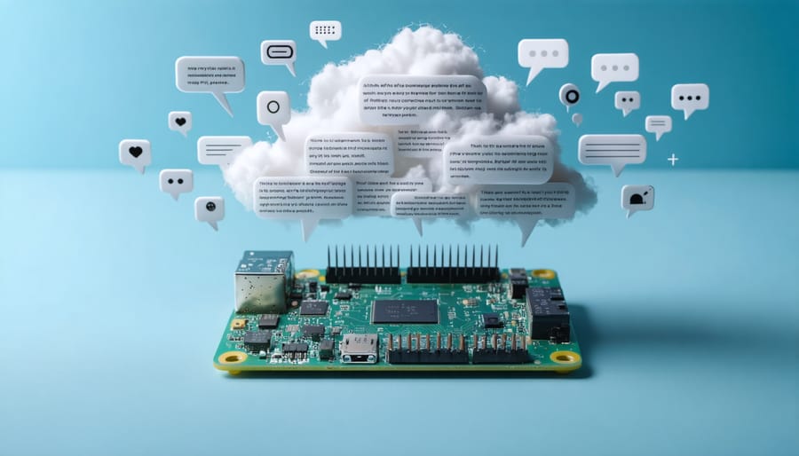 A Raspberry Pi surrounded by digital speech bubbles and voice waveforms, highlighting its use in offline voice processing and natural language understanding.