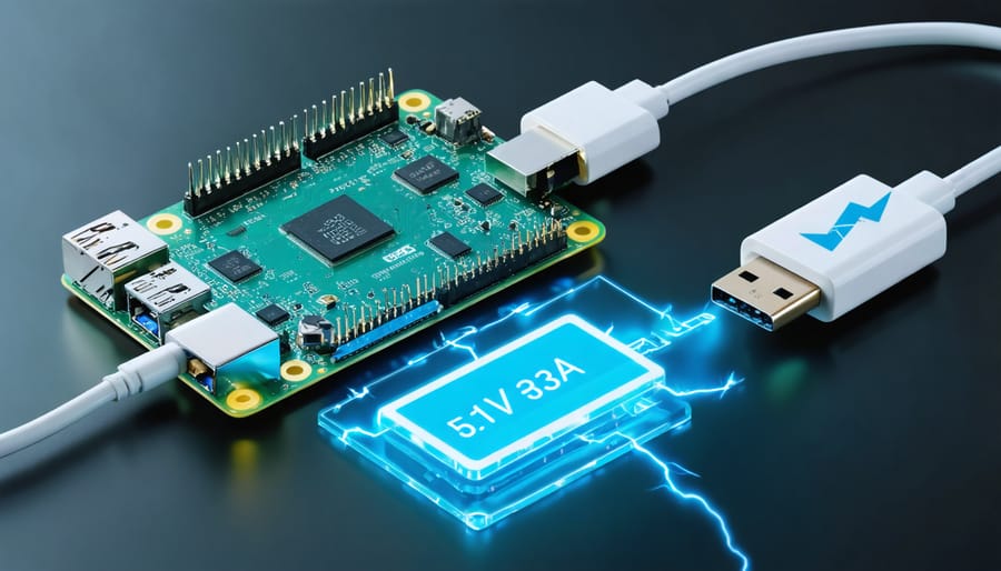 Conceptual illustration of a Raspberry Pi 4 Model B with a USB-C power supply and overlaid power specifications, featuring a lightning bolt icon to depict power issues and including USB peripherals and a 4K display in the background.