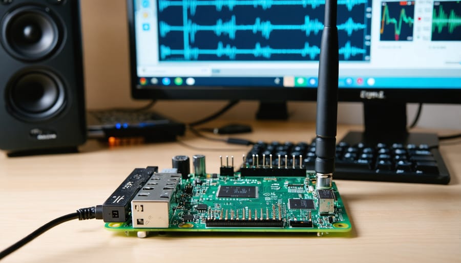 Raspberry Pi board set up with an RTL-SDR USB dongle and antenna, capturing radio frequency signals, with a digital interface displaying the radio spectrum in the background.