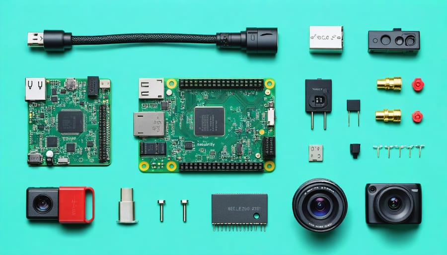 Organized display of Raspberry Pi Zero, camera module, power supply, and other essential components