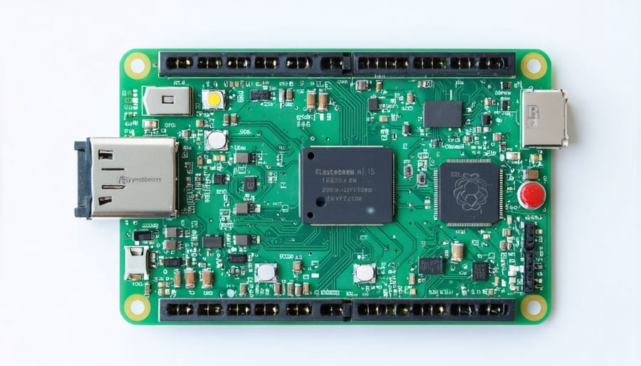 Raspberry Pi setup with security modules, sensors, and status LEDs