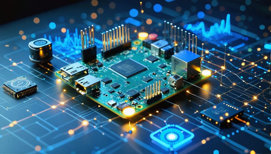Conceptual illustration of a Raspberry Pi connected to various sensors through glowing lines, symbolizing seamless sensor integration and data collection.