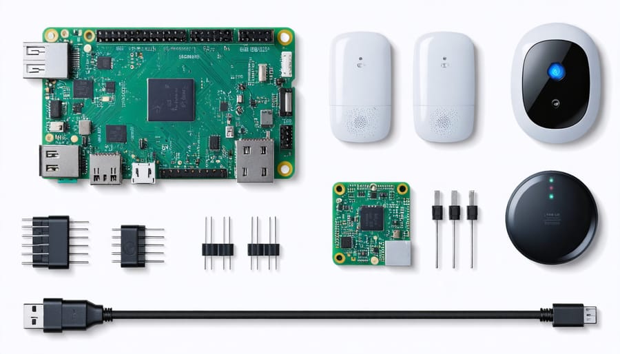 Essential hardware components for a Raspberry Pi smart home setup laid out on a white surface