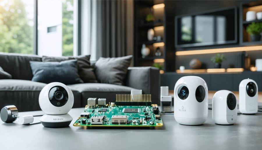 A modern living room showcasing smart home automation with a central Raspberry Pi connected to devices like LED lights, cameras, and sensors.