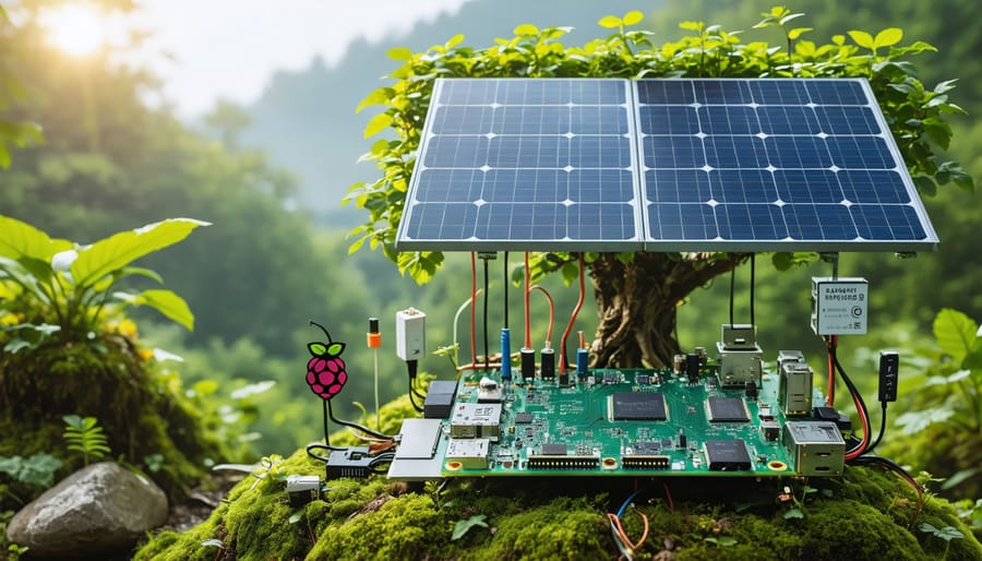 A futuristic setup of a solar-powered Raspberry Pi station featuring solar panels, sensors, and electronic components against a green, sustainable background.