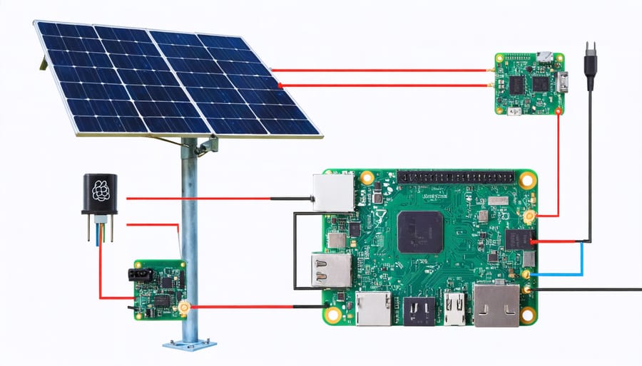 Fully assembled Raspberry Pi solar power station showing solar panel, batteries, charge controller, and Pi unit