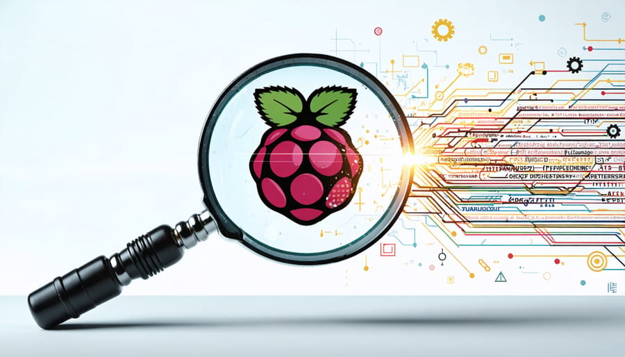 Conceptual image of a Raspberry Pi under a magnifying glass, with speed lines to symbolize increased performance through optimized software.