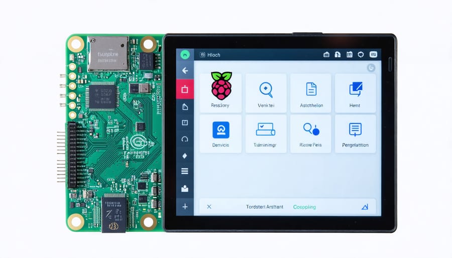 A Raspberry Pi connected to a 7-inch touchscreen display, showcasing a vibrant interface with home automation icons, representing its versatility as a smart home assistant.