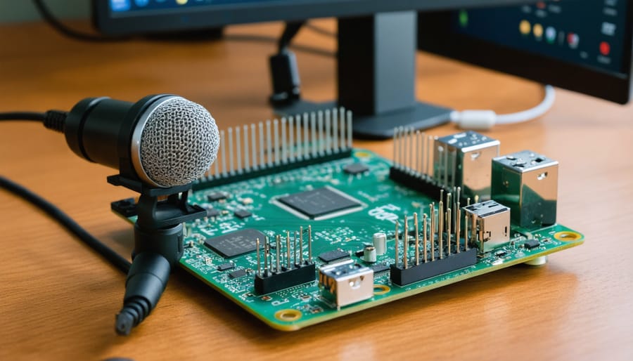 Complete hardware setup for voice processing on Raspberry Pi including microphone and connections