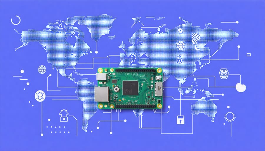 Raspberry Pi Zero board with digital security graphics, illustrating the concept of transforming the device into a secure VPN gateway for private internet access.