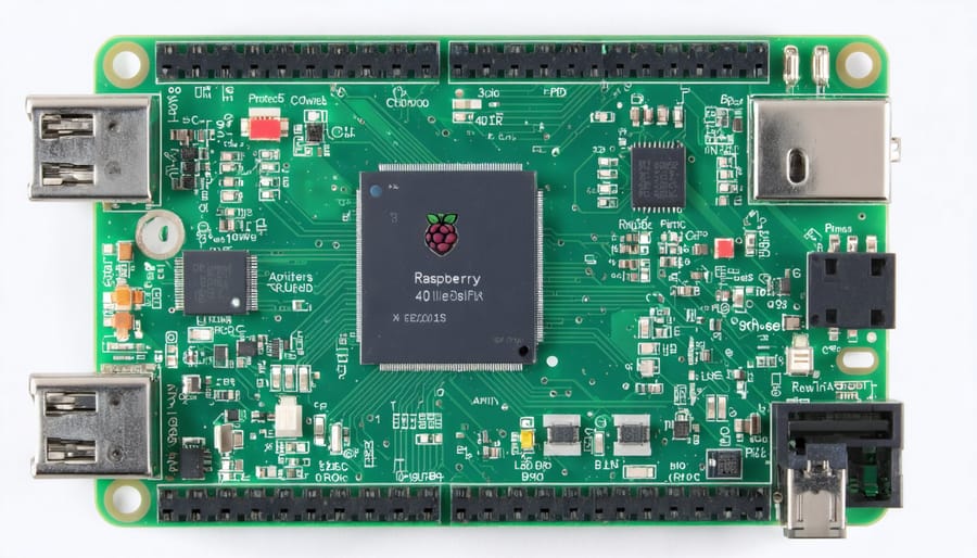 Creative collage illustrating the Raspberry Pi 4 Model B's GPIO pins, featuring power pins, GPIO, I2C, SPI, and UART interfaces with color coding to highlight their functions and potential applications in electronics projects.