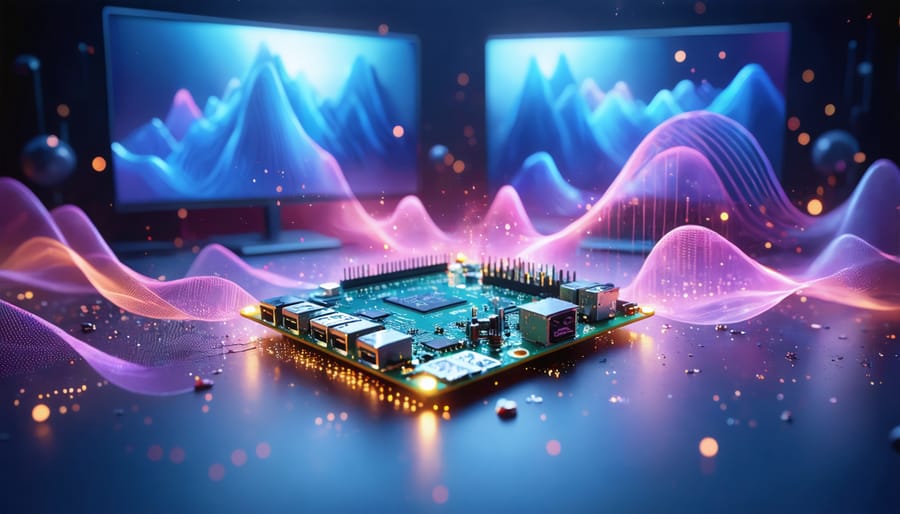 Illustration of Raspberry Pi 5 with glowing VideoCore VII GPU, highlighting dual 4K display capability for modern graphics applications.