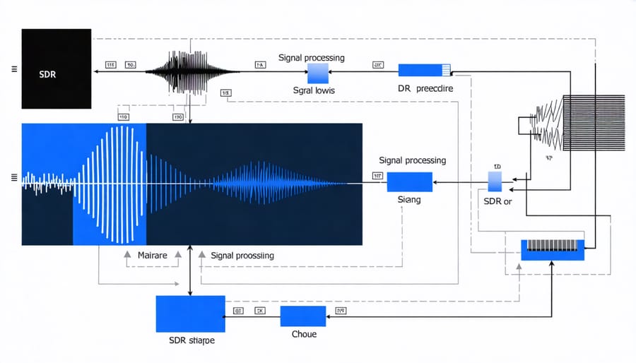 Flowchart illustrating SDR signal processing stages from antenna to digital output