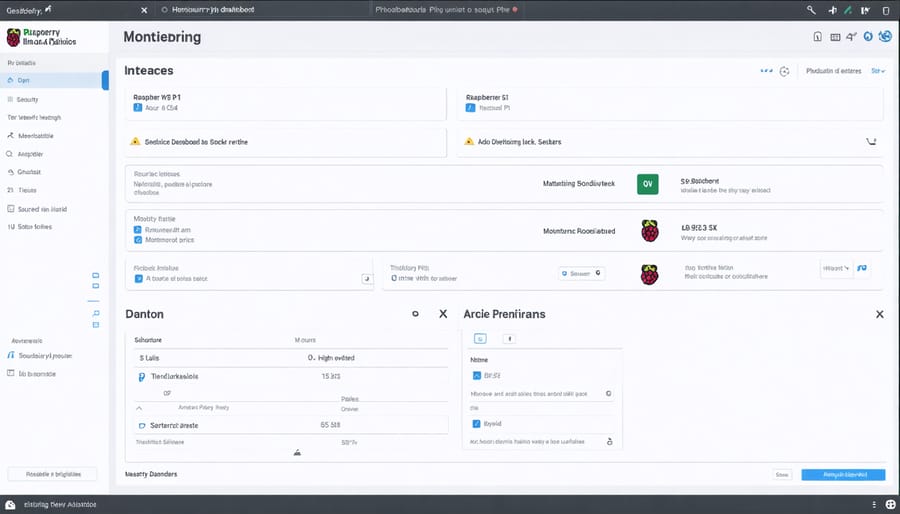 User interface of Raspberry Pi security monitoring dashboard with active alerts and status indicators