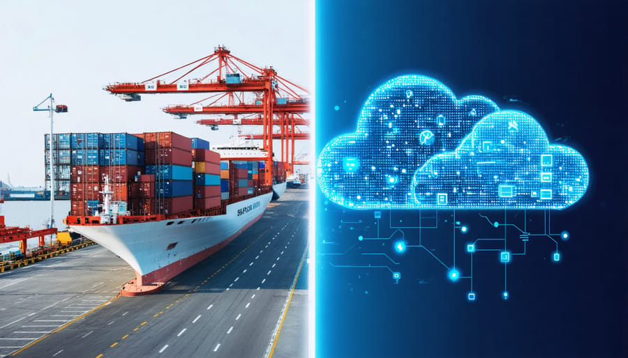 A split image illustrating the evolution from traditional shipping containers at a port to digital containerized software architecture, symbolizing the connection between physical and virtual environments in modern computing.