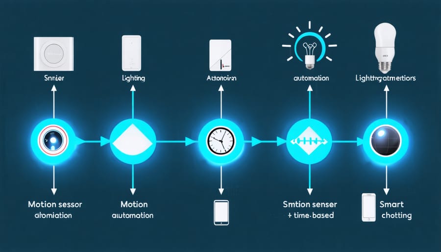 Flow chart illustrating smart lighting automation logic and connections