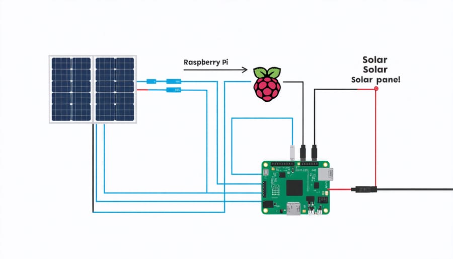 Technical diagram illustrating solar panel connections to Raspberry Pi through charge controller