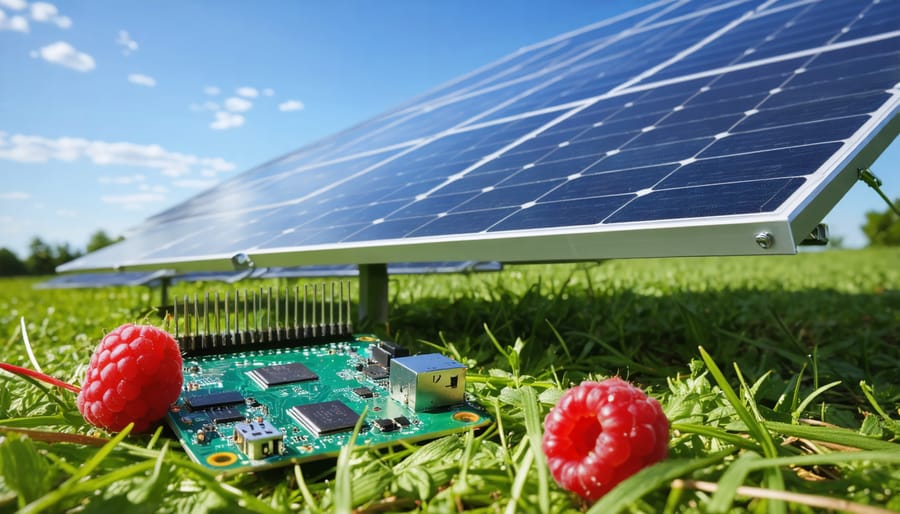 Solar panel array connected to a Raspberry Pi with monitoring display