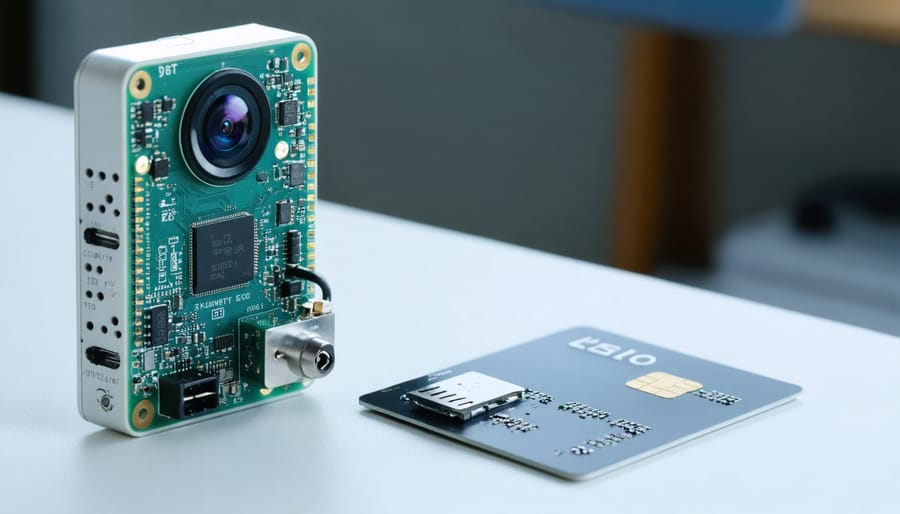 A compact Raspberry Pi Zero setup with a camera module and power supply displayed alongside a credit card, depicting the small size and stealthy nature of a DIY security camera project.