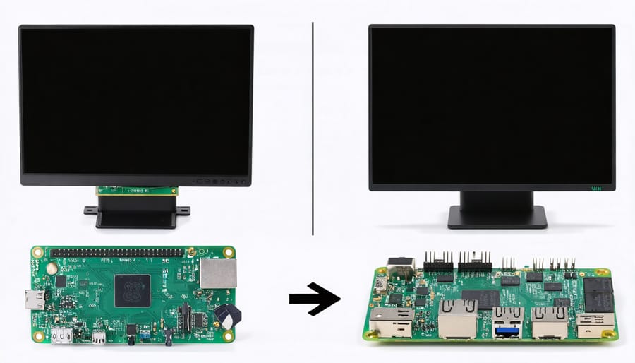 Side-by-side comparison of official Raspberry Pi touchscreen and third-party displays showing size and build differences