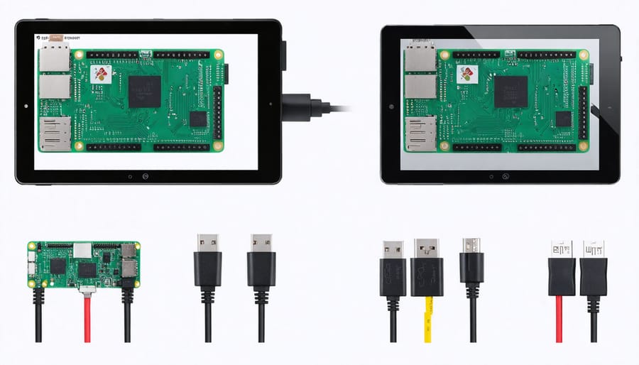 Detailed view of Raspberry Pi touchscreen installation process with labeled components and connections