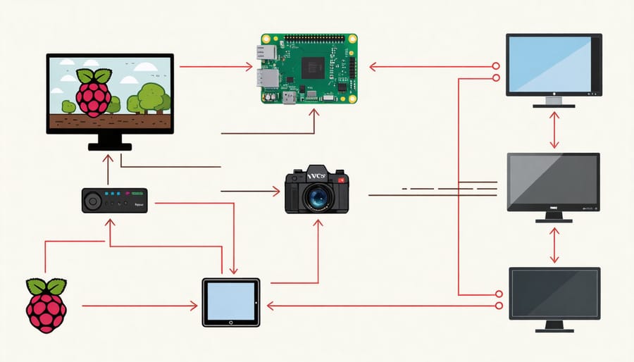 Visual diagram of remote desktop connection setup between Raspberry Pi and client devices