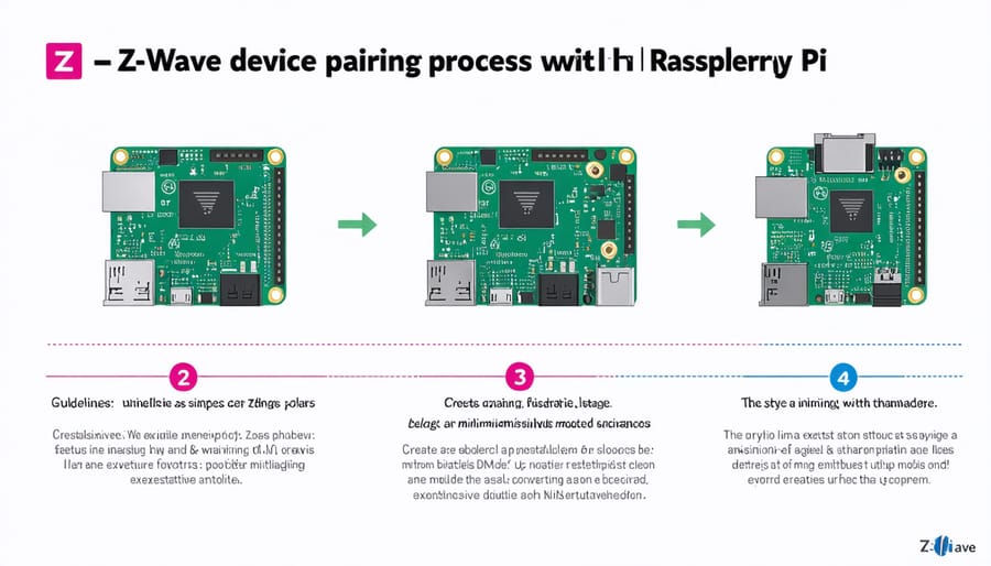Visual guide depicting the steps to pair Z-Wave devices with Raspberry Pi