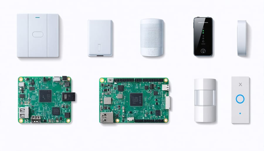 Hardware setup displaying Raspberry Pi, Z-Wave USB stick, and various Z-Wave compatible devices