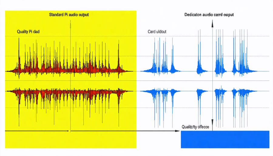 Side-by-side waveform comparison between Raspberry Pi built-in audio and professional audio card output