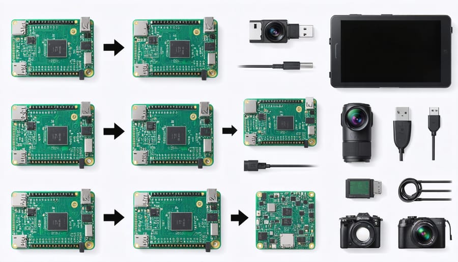 Hands connecting camera module ribbon cable to Raspberry Pi 4 board