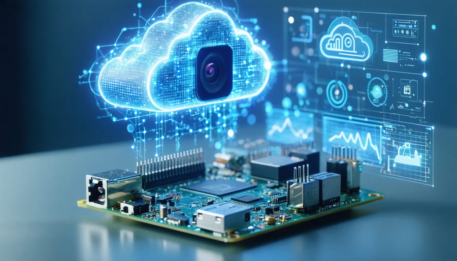 Innovative depiction of a Raspberry Pi 4 integrated with a camera module, symbolically connected to a digital cloud and surrounded by motion detection graphs, representing a cloud-connected security camera system.