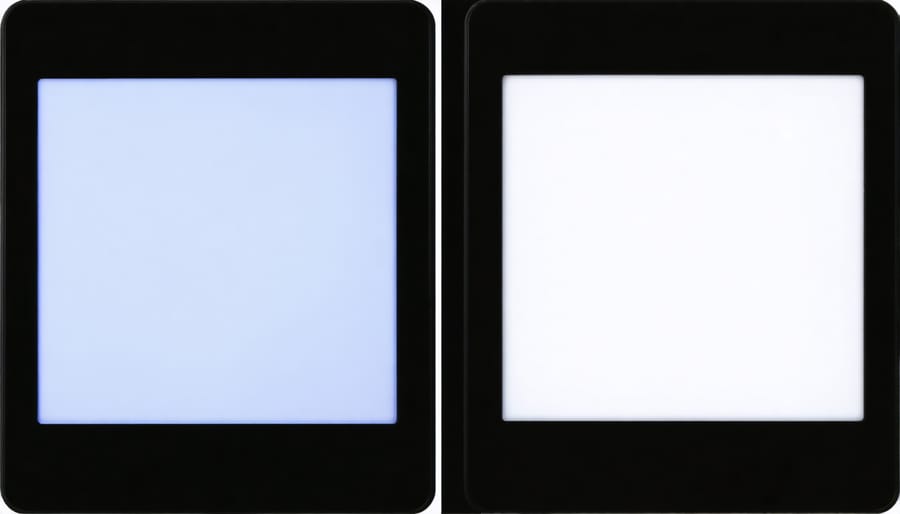 Comparison showing clear e-ink display text next to washed-out LCD screen in bright sunlight