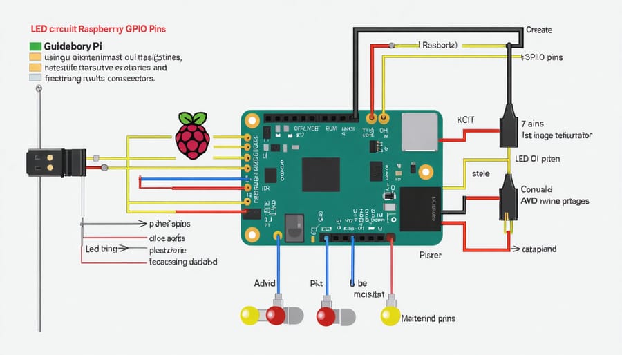 Wiring diagram showing LED connection to Raspberry Pi GPIO pins with component labels