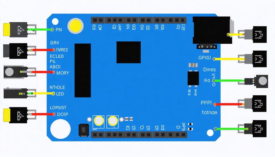 Schematic diagram of Raspberry Pi GPIO pins connected to various sensors and LEDs