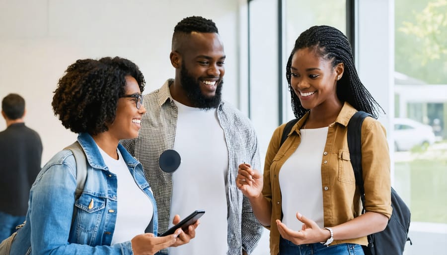 Multiple people of different ages, ethnicities, and abilities using voice assistant devices