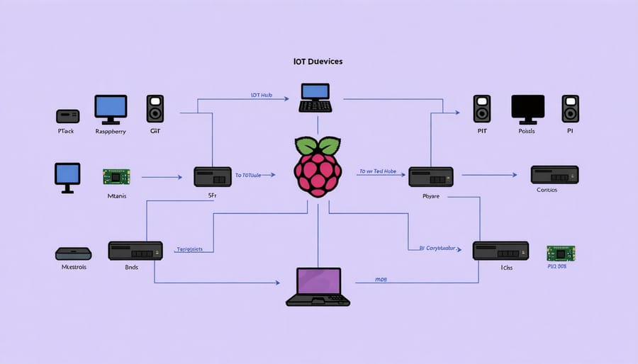 Architectural diagram illustrating IoT devices connected to a Raspberry Pi management hub