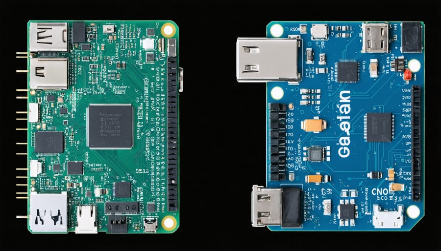 Visual comparison showing main components of Raspberry Pi 4 and Arduino Uno boards
