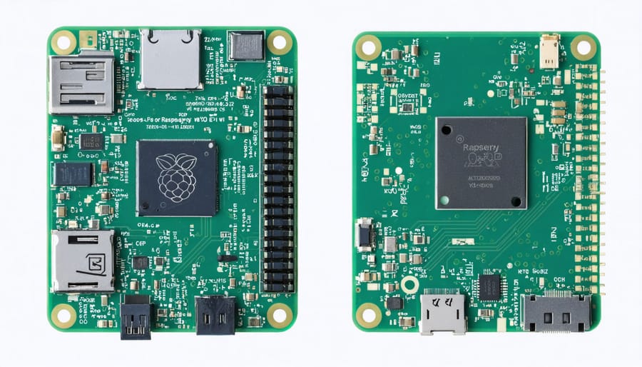 Physical comparison of Raspberry Pi Zero W (left) and Zero 2 W (right) showing board layouts