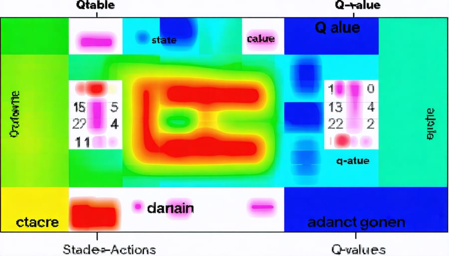 Grid representation of a Q-table with states, actions, and values