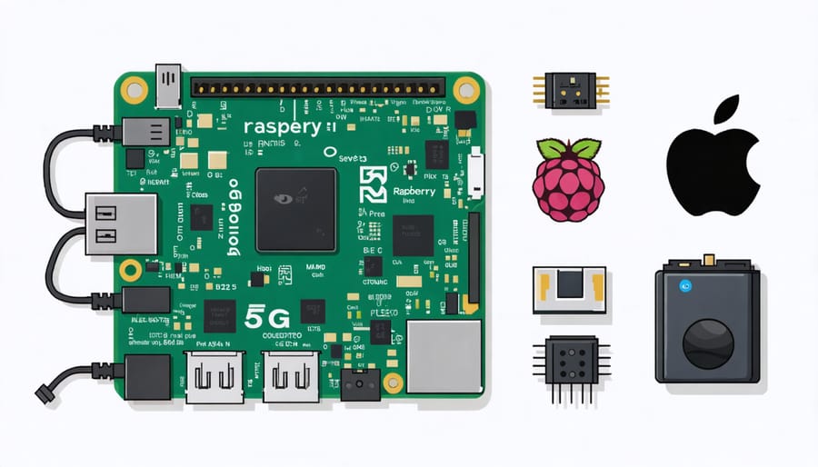 Diagram showing Raspberry Pi board, 5G HAT module, and power supply components in exploded view