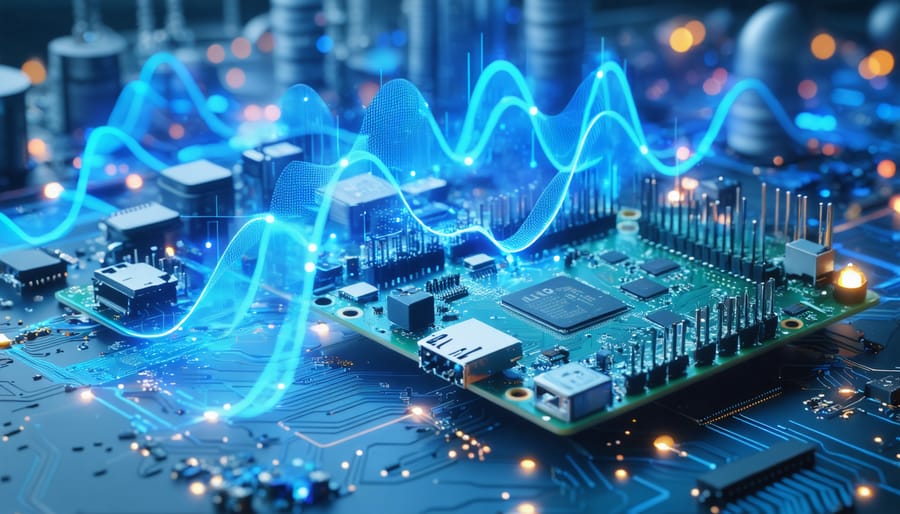 A futuristic image of a Raspberry Pi with a 5G HAT module, surrounded by digital waves and data lines, symbolizing its capabilities as a powerful 5G IoT hub. The background features elements of smart cities and industry, illustrating the broad applications of this innovative technology.